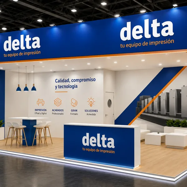 Stand de Delta con mostrador, pantalla y paneles impresos