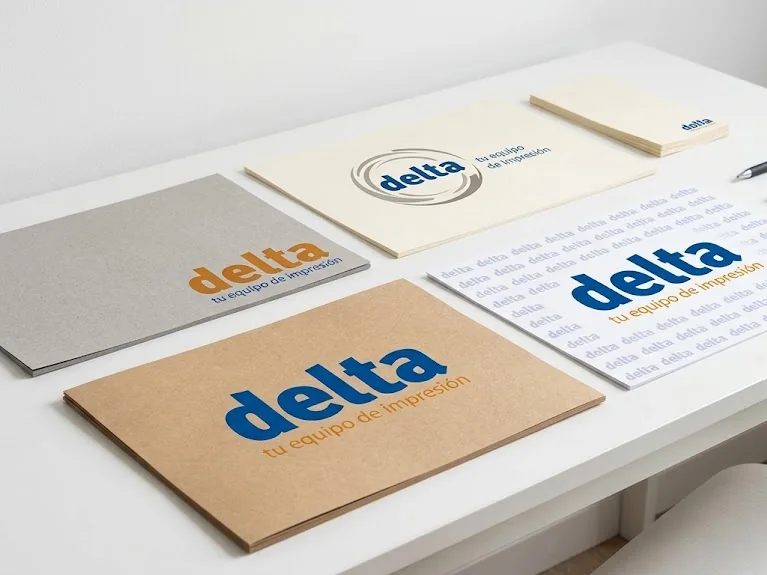 Manteles individuales de papel kraft, gris, crema y blanco impresos con la marca Delta sobre una mesa