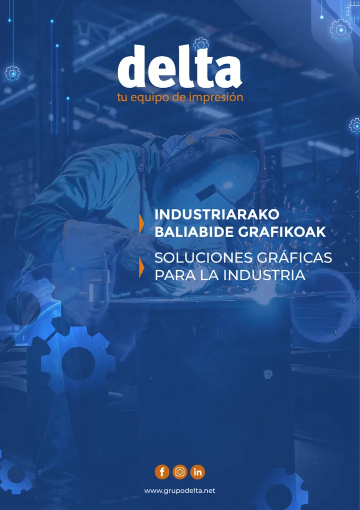 Portada del catálogo «Soluciones gráficas para la industria» de Delta, con un soldador trabajando sobre fondo azul