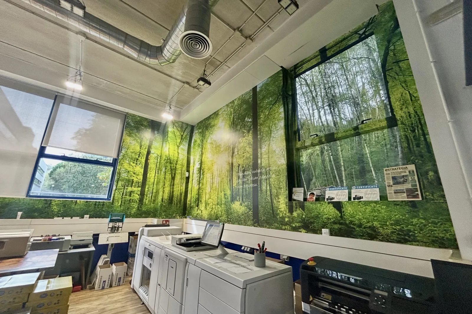 Oficina con una pared entera vinilada con un bosque, sobre la zona de impresión