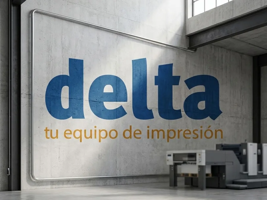 Pared de una nave industrial con el logotipo de Delta en vinilo de gran formato