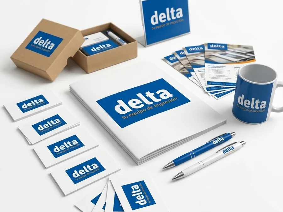 Merchandising de Delta: mochila, bolsa, taza, botella, libretas y bolígrafos
