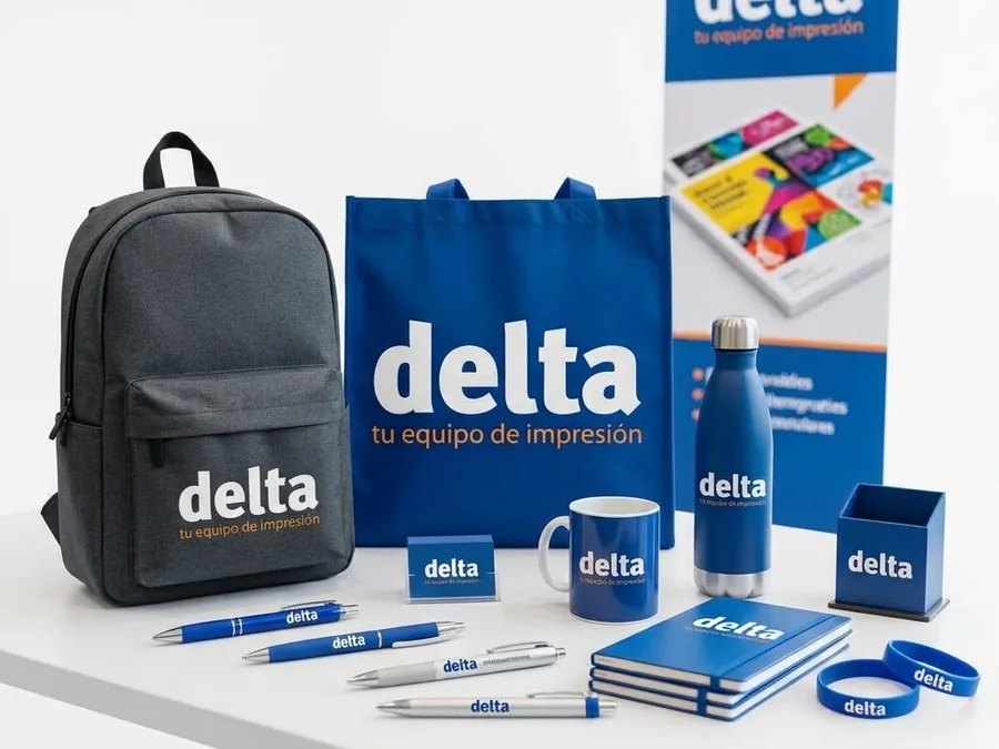 Papelería corporativa de Delta: tarjetas, carpeta, folletos y caja