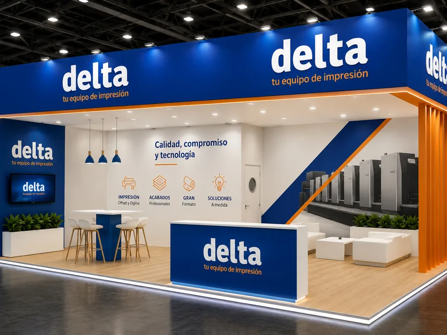 Stand de Delta con mostrador, pantalla y paneles impresos