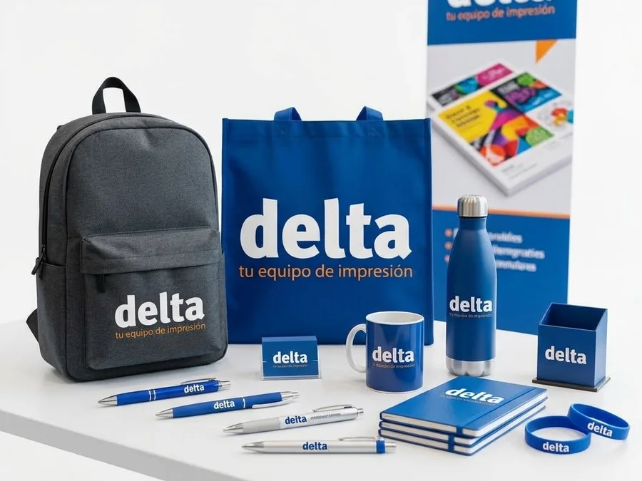 Merchandising corporativo de Delta: mochila, bolsa, taza, botella, bolígrafos, libretas y pulseras con la marca