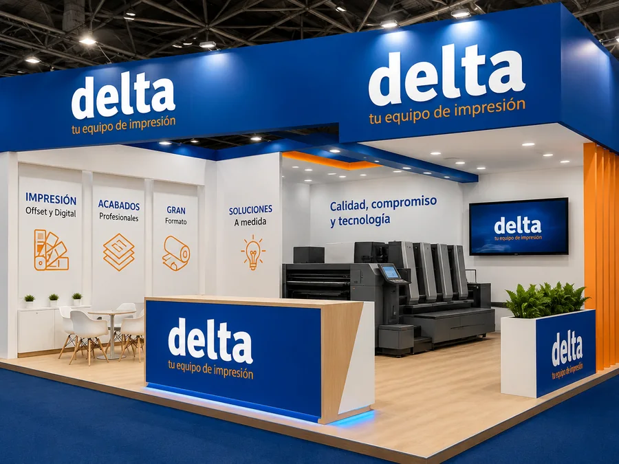 Stand de feria de Delta con mostrador, pantallas y paneles impresos con su marca