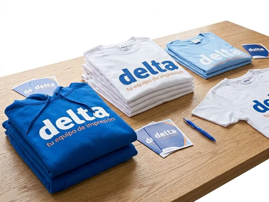 Sudaderas y camisetas dobladas con la marca Delta estampada sobre una mesa de madera