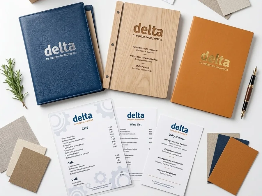 Cartas de restaurante en polipiel, madera y tapa naranja con la marca Delta, junto a menús impresos de café, vinos y platos del día