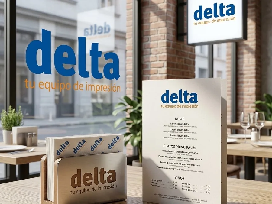 Bar con el escaparate rotulado con el logotipo de Delta, cartel luminoso y carta de mesa impresa